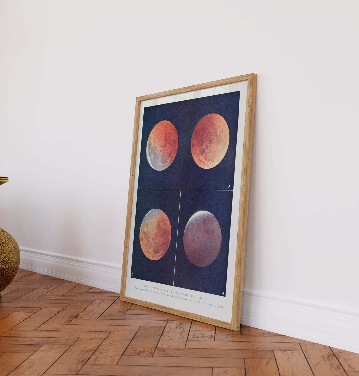 Various Colours of the Moon during Eclipses, 1882, framed print showcasing colors during lunar eclipses.